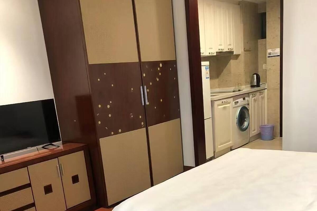 Une chambre à coucher avec un lit, une armoire, une télévision et un lave-linge.