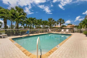 A rectangular swimming pool with a tiled edge, surrounded by lounge chairs and umbrellas, with palm trees in the background.
