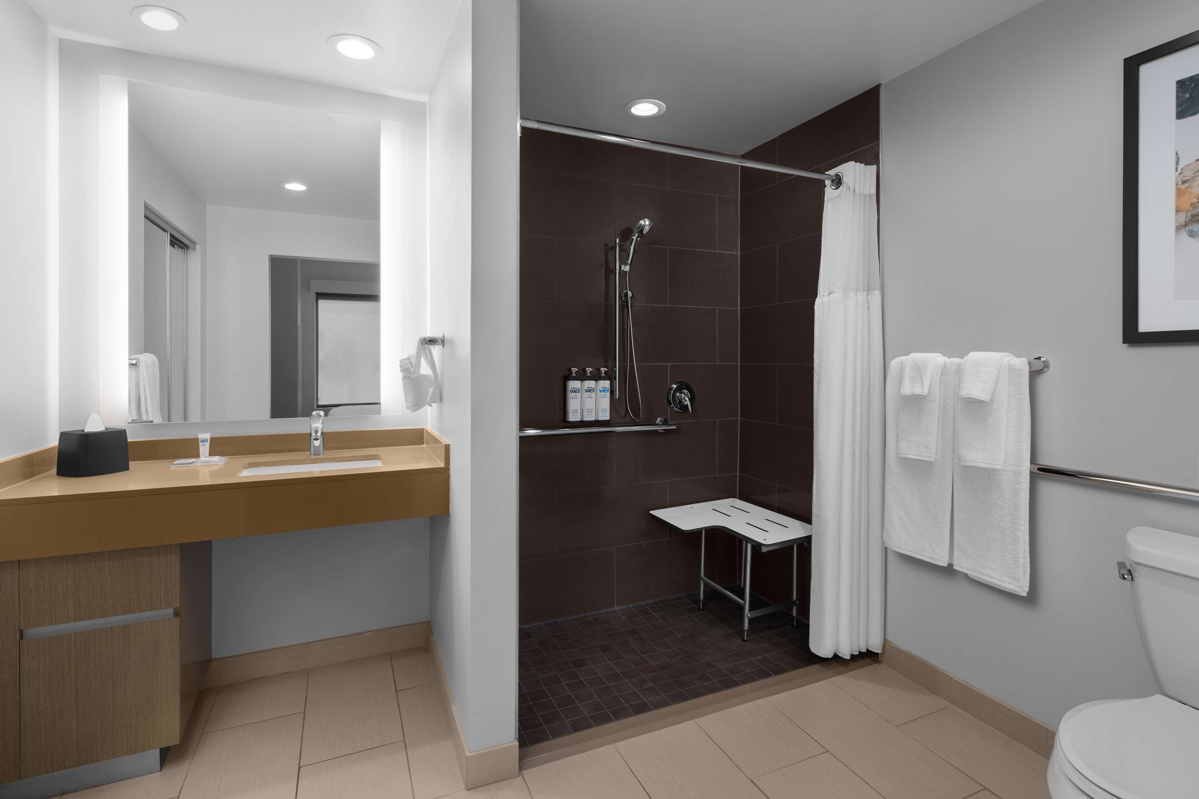 A modern bathroom with a shower, toilet, and sink.