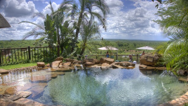 A clear swimming pool with a brick border, surrounded by rocks and palm trees, with a view of the landscape.
