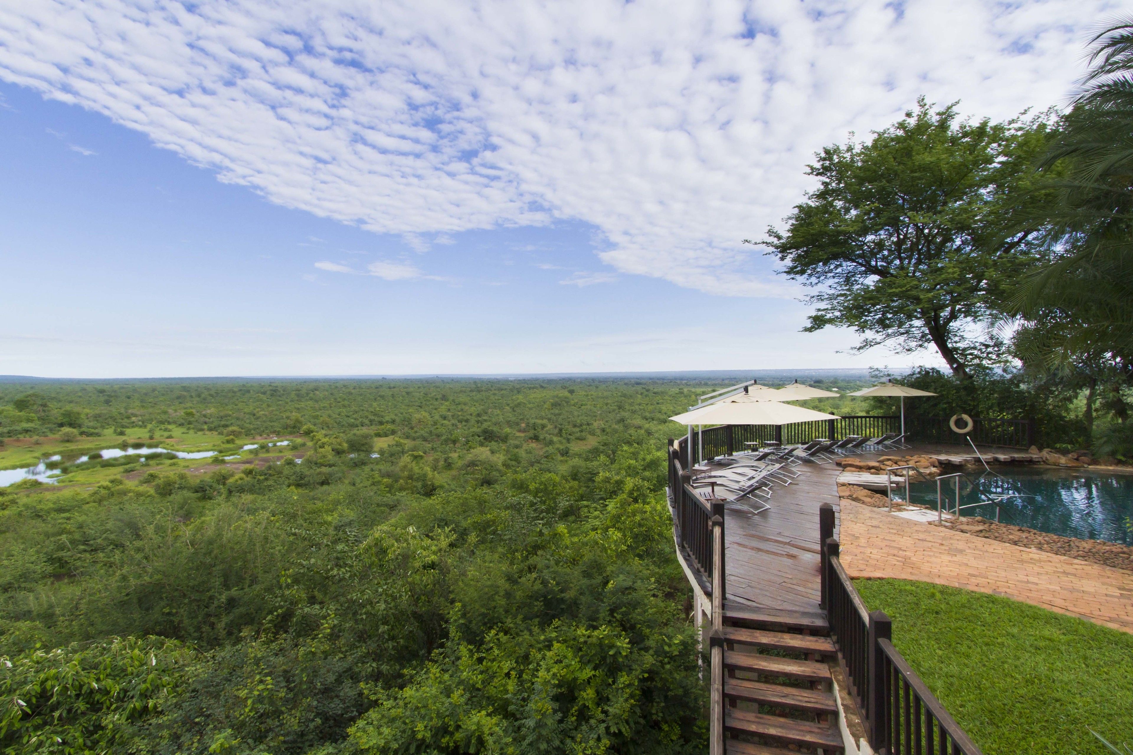 A wooden deck with lounge chairs and umbrellas overlooking a lush landscape and a swimming pool.