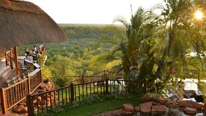 A wooden deck with a thatched roof overlooking a lush landscape.