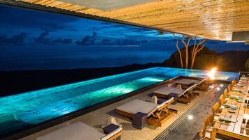 Outdoor pool, pool umbrellas, pool loungers