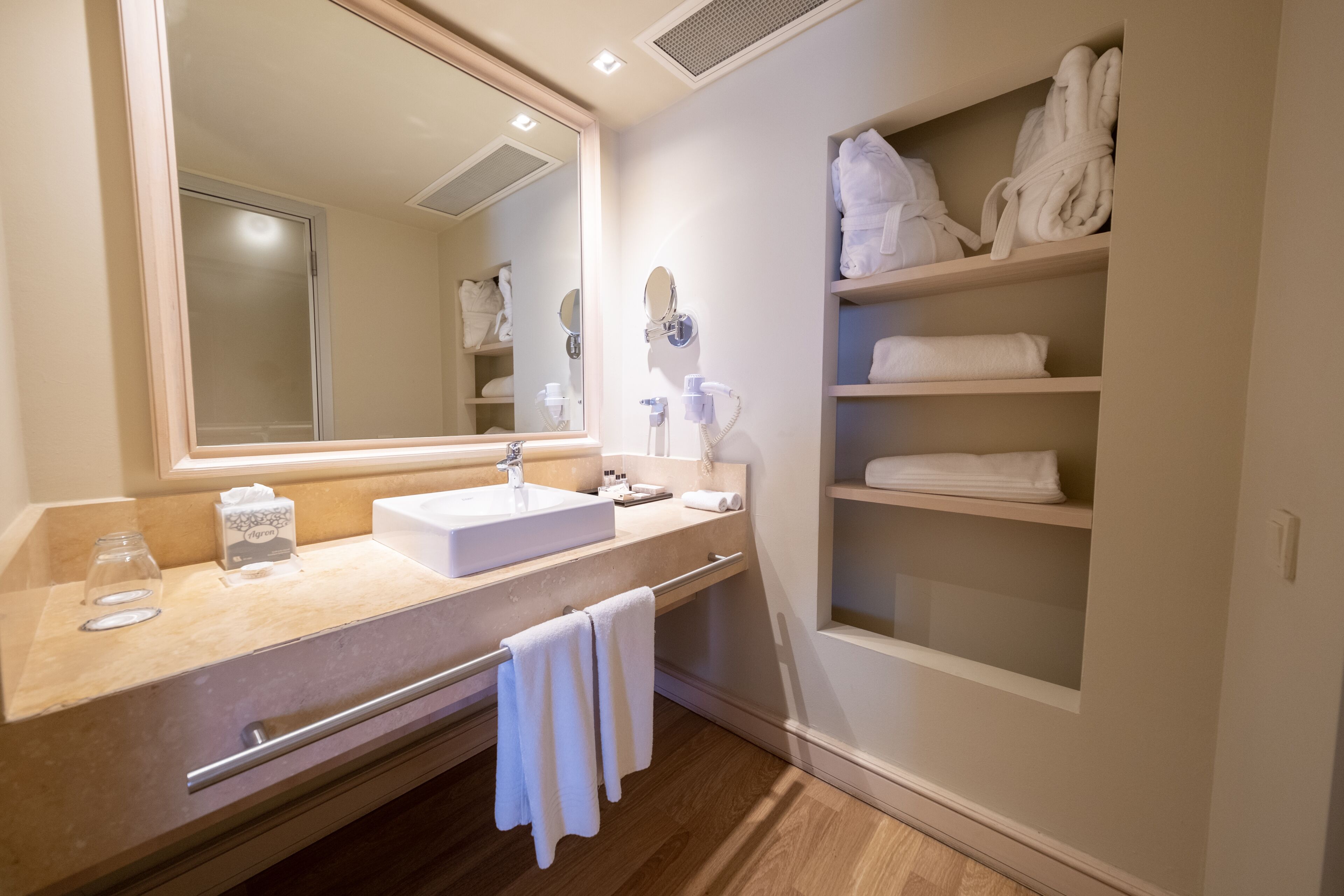 deluxe room | bathroom | shower, rainfall showerhead, free toiletries, hair dryer