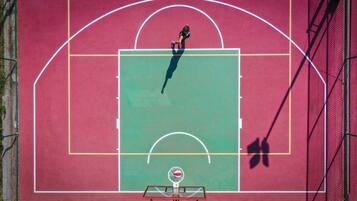 A basketball court with a hoop and a net.