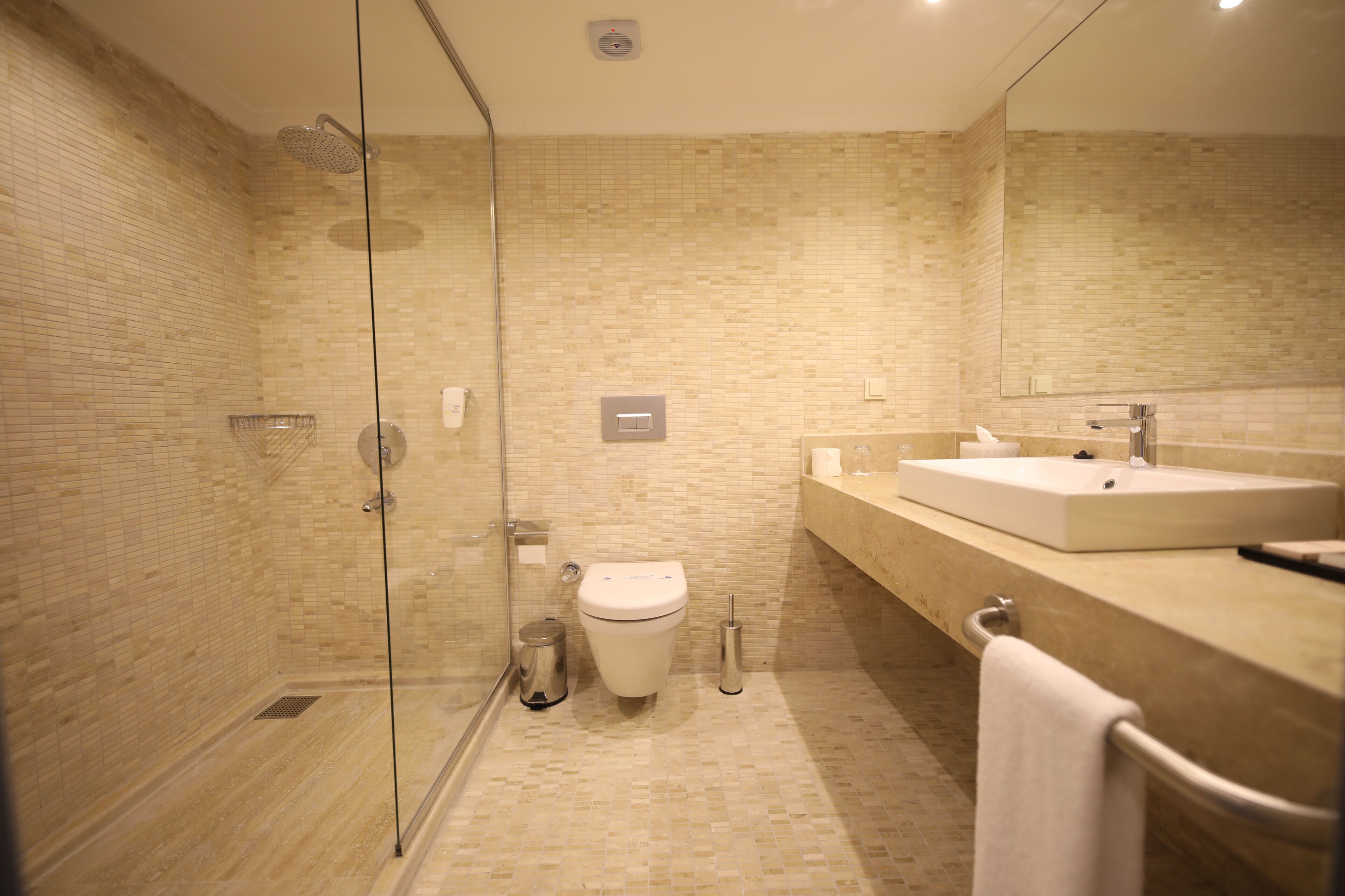 shower, rainfall showerhead, free toiletries, hair dryer