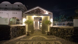 Una entrada de hotel con un camino de piedra que conduce a las puertas, flanqueada por macetas con plantas.