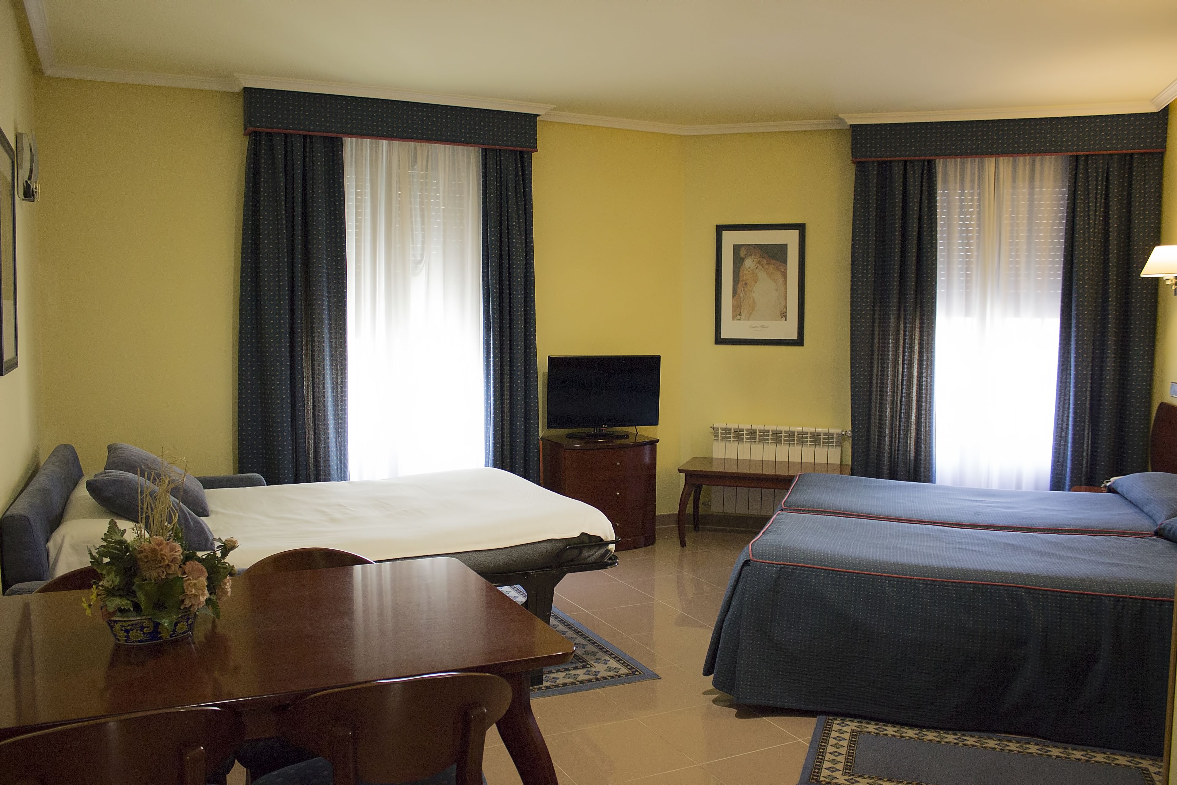 Habitación de hotel con dos camas, un escritorio con silla, un televisor y un cuadro en la pared.