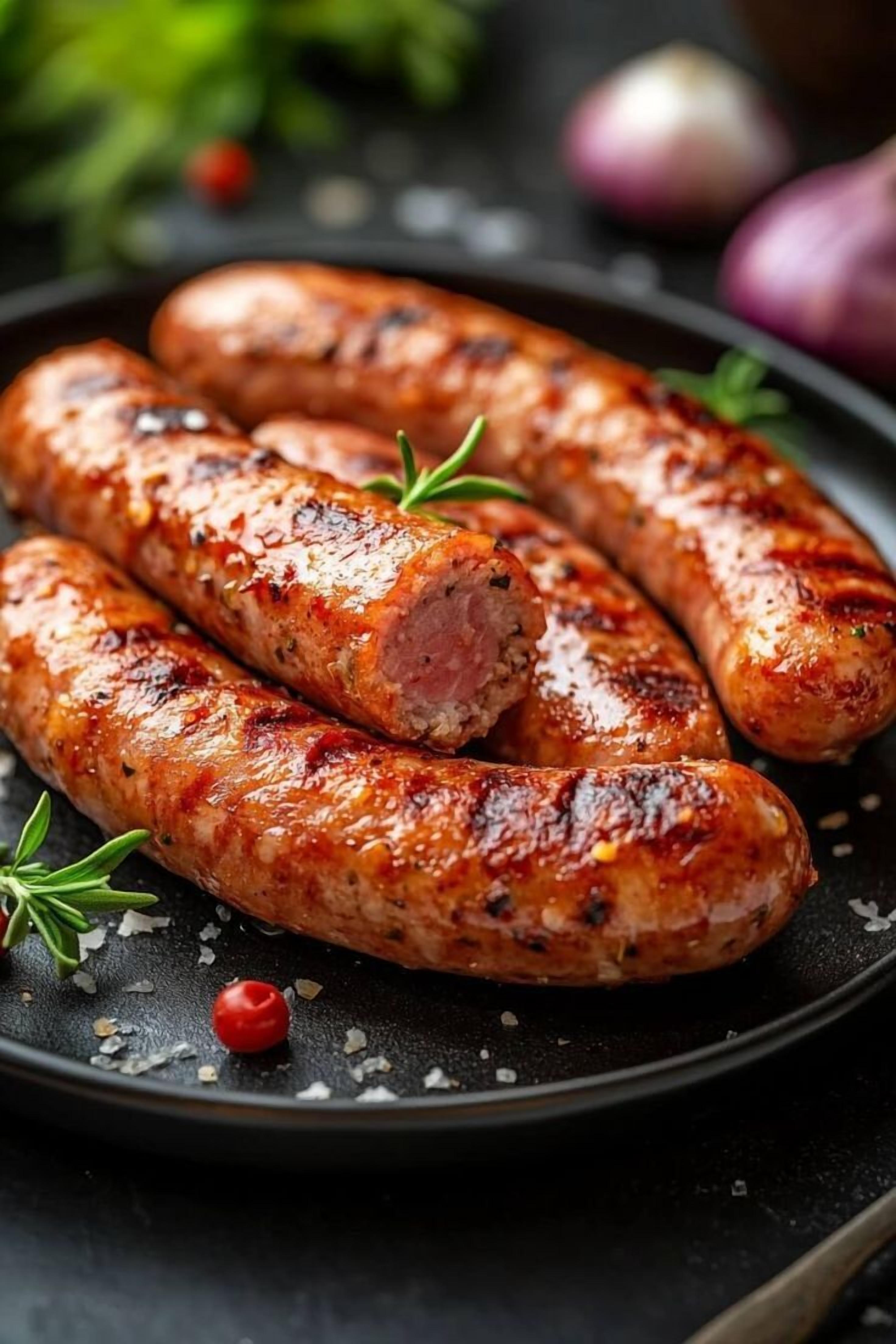 A plate of grilled sausages garnished with herbs.