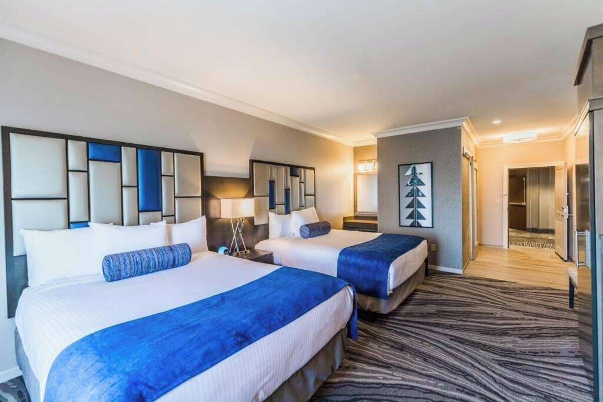 Habitación de hotel con dos camas, un cabecero moderno, un espejo grande y una alfombra con estampado de cebra.