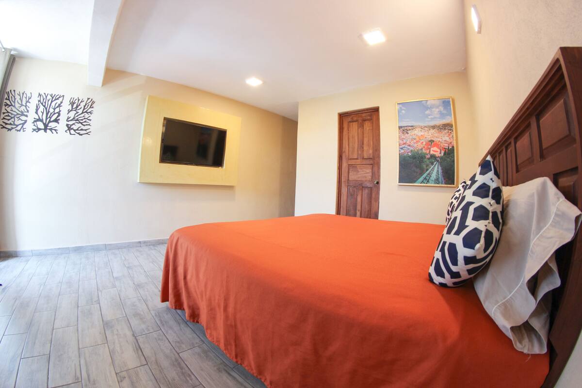 Un dormitorio con una cama, televisión, puerta y un cuadro en la pared.