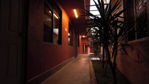 A corridor with a concrete floor, red walls, and a large potted plant on the right. - Hotel Camino de Piedra (Guanajuato)