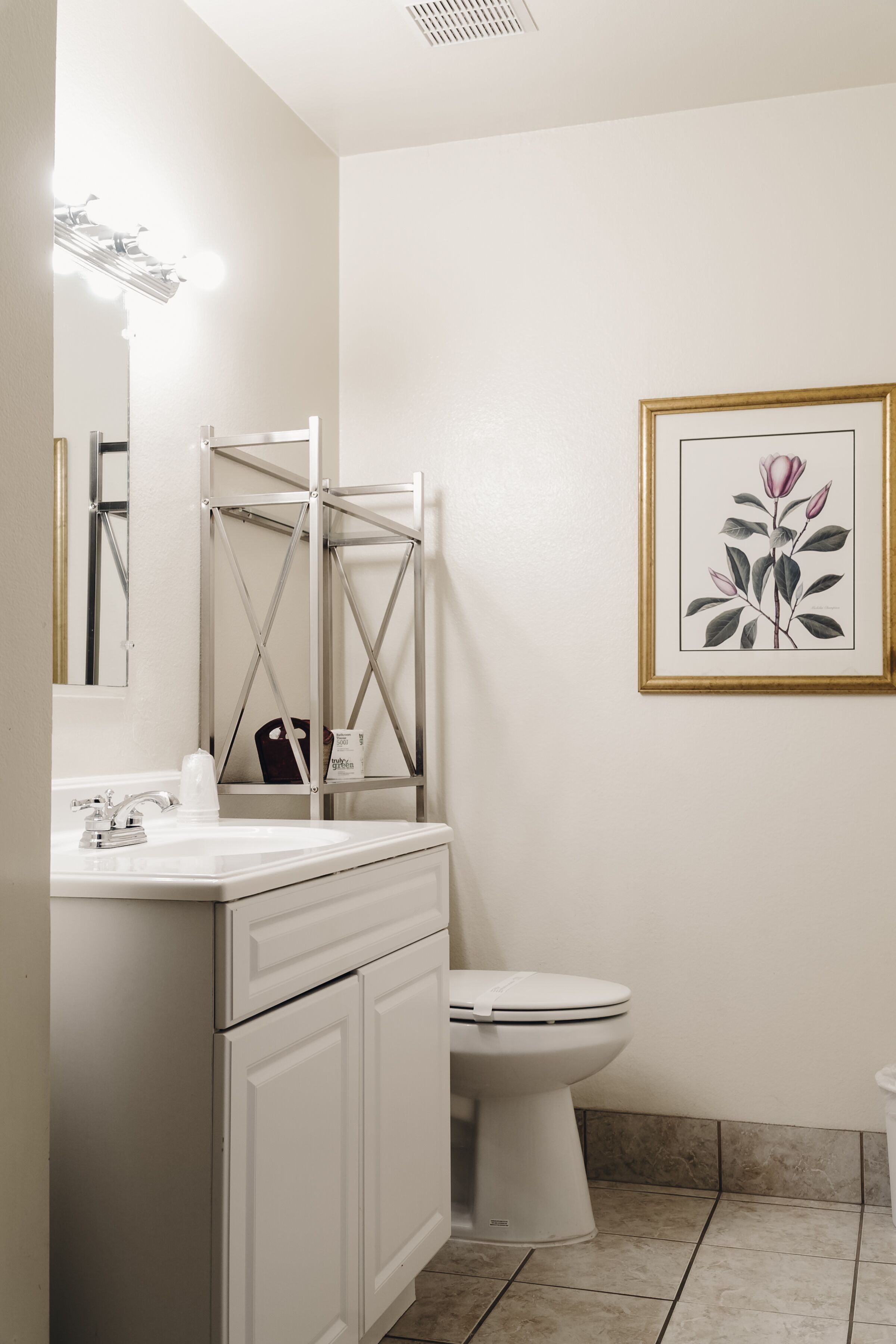 A bathroom with a white sink, mirror, and toilet. There is a framed floral artwork on the wall.