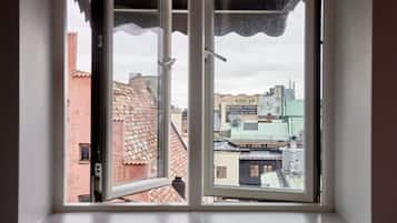 A window with a view of a cityscape, including buildings with red and green roofs.