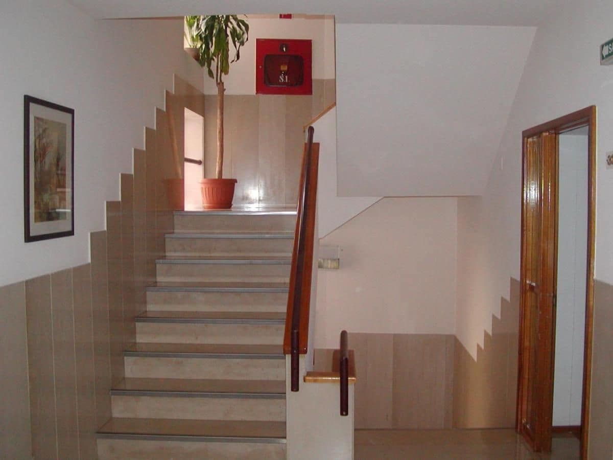A staircase with a wooden handrail, a potted plant, and a framed picture on the wall.