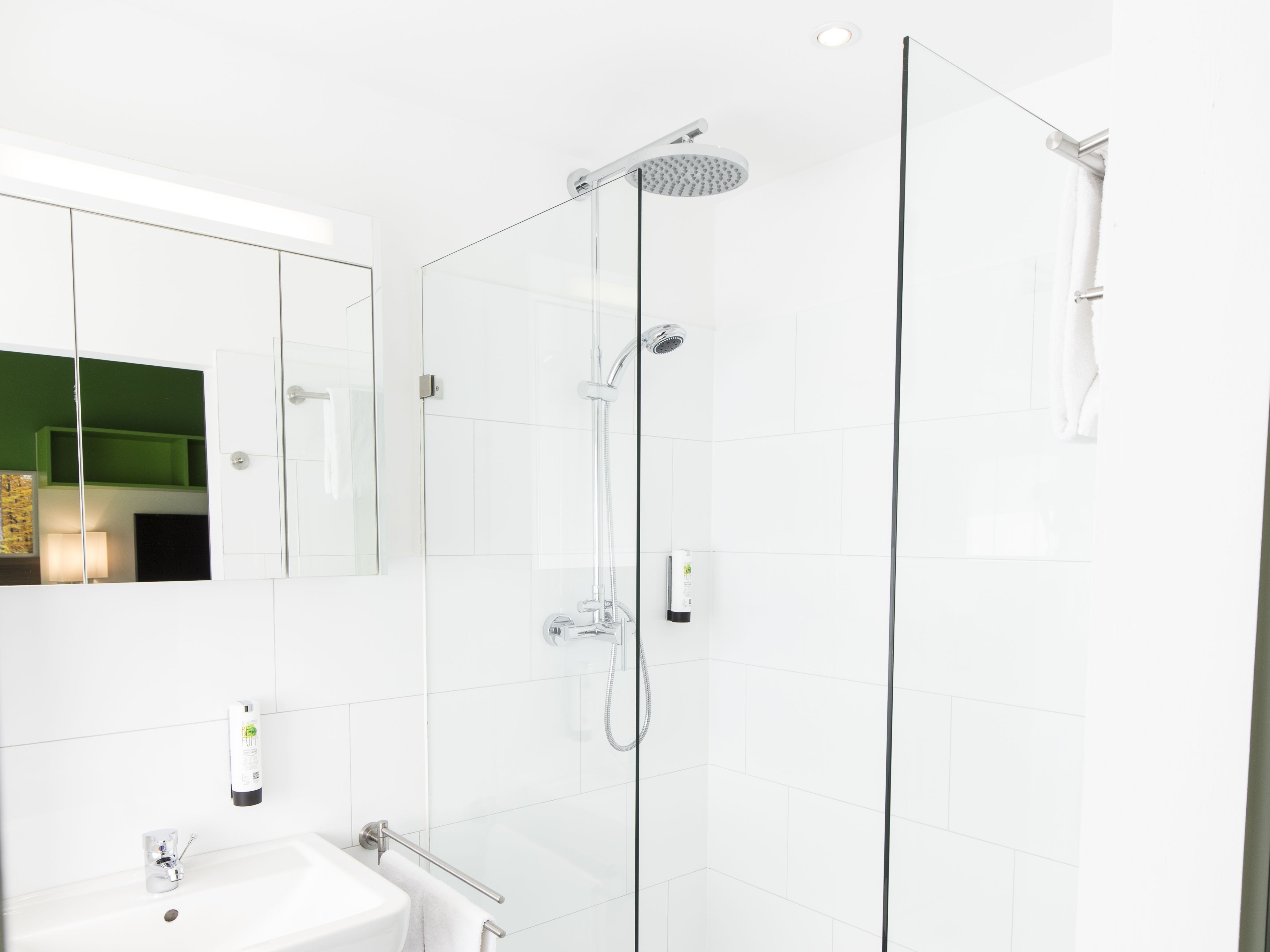 Un baño moderno con ducha de vidrio, un lavabo blanco y un espejo.