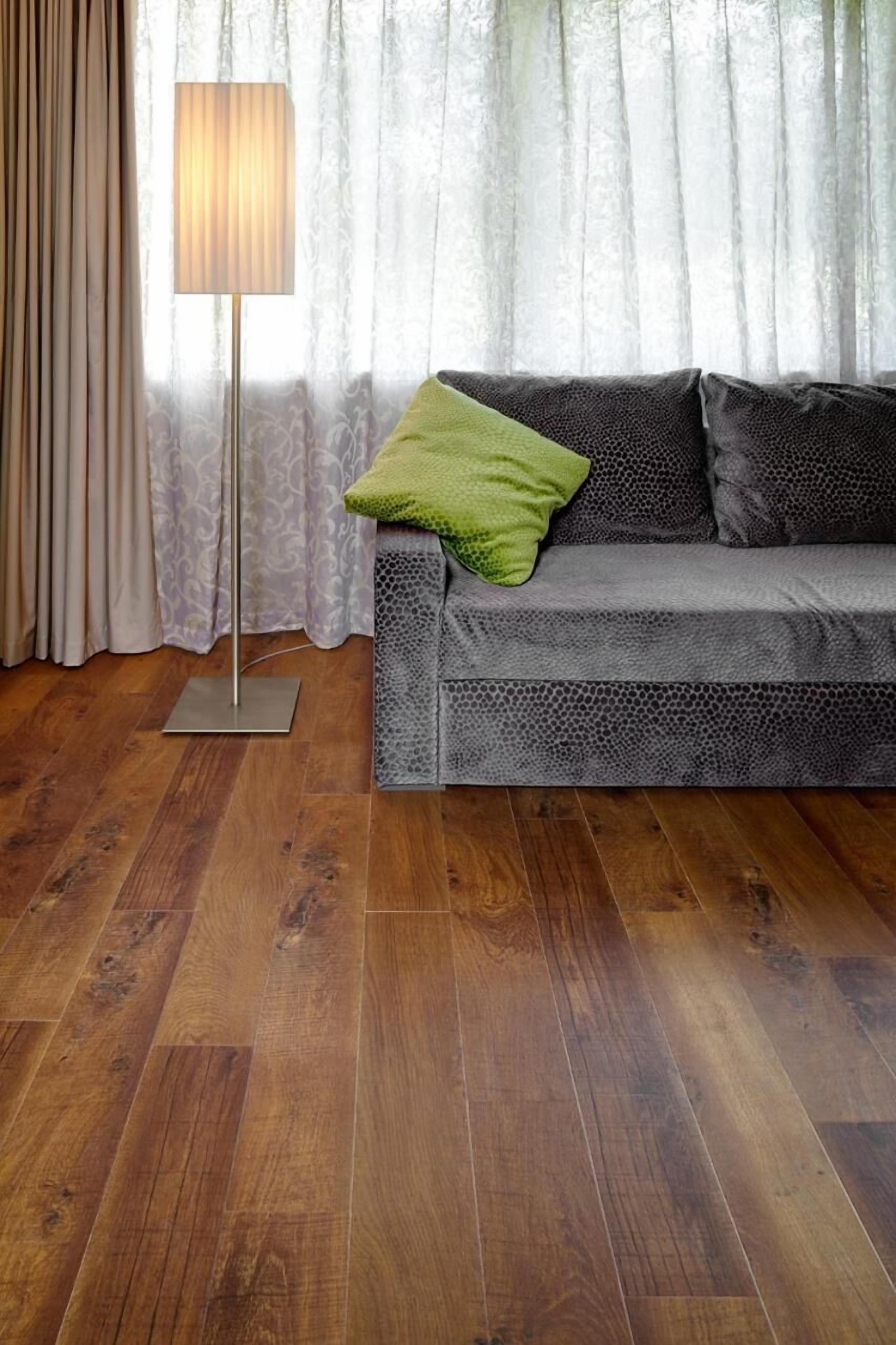 Une pièce avec un canapé gris, un coussin vert, un lampadaire et un tapis à motifs.