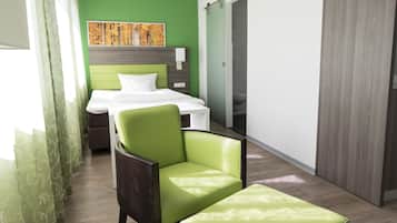 A hotel room with a bed, a chair, a bench, a painting on the wall, and a sliding door.