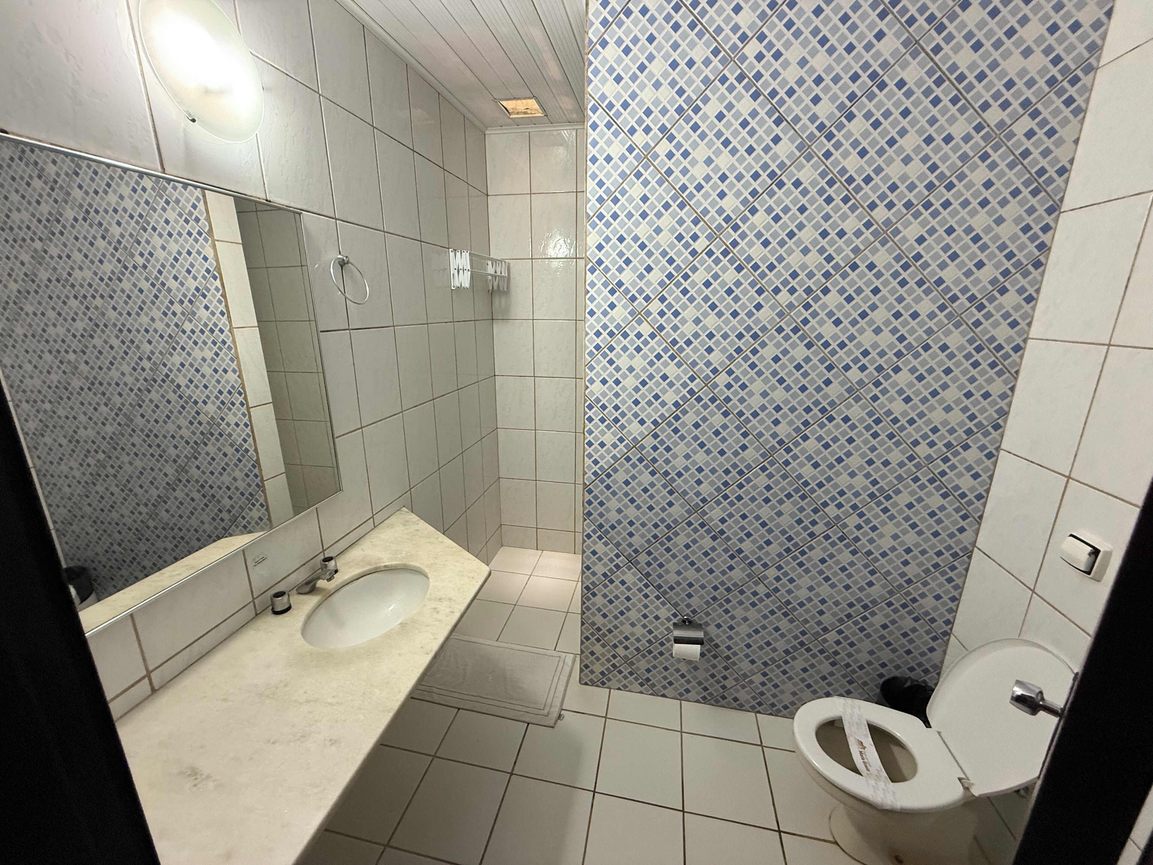 A bathroom with a sink, mirror, toilet, and shower area.