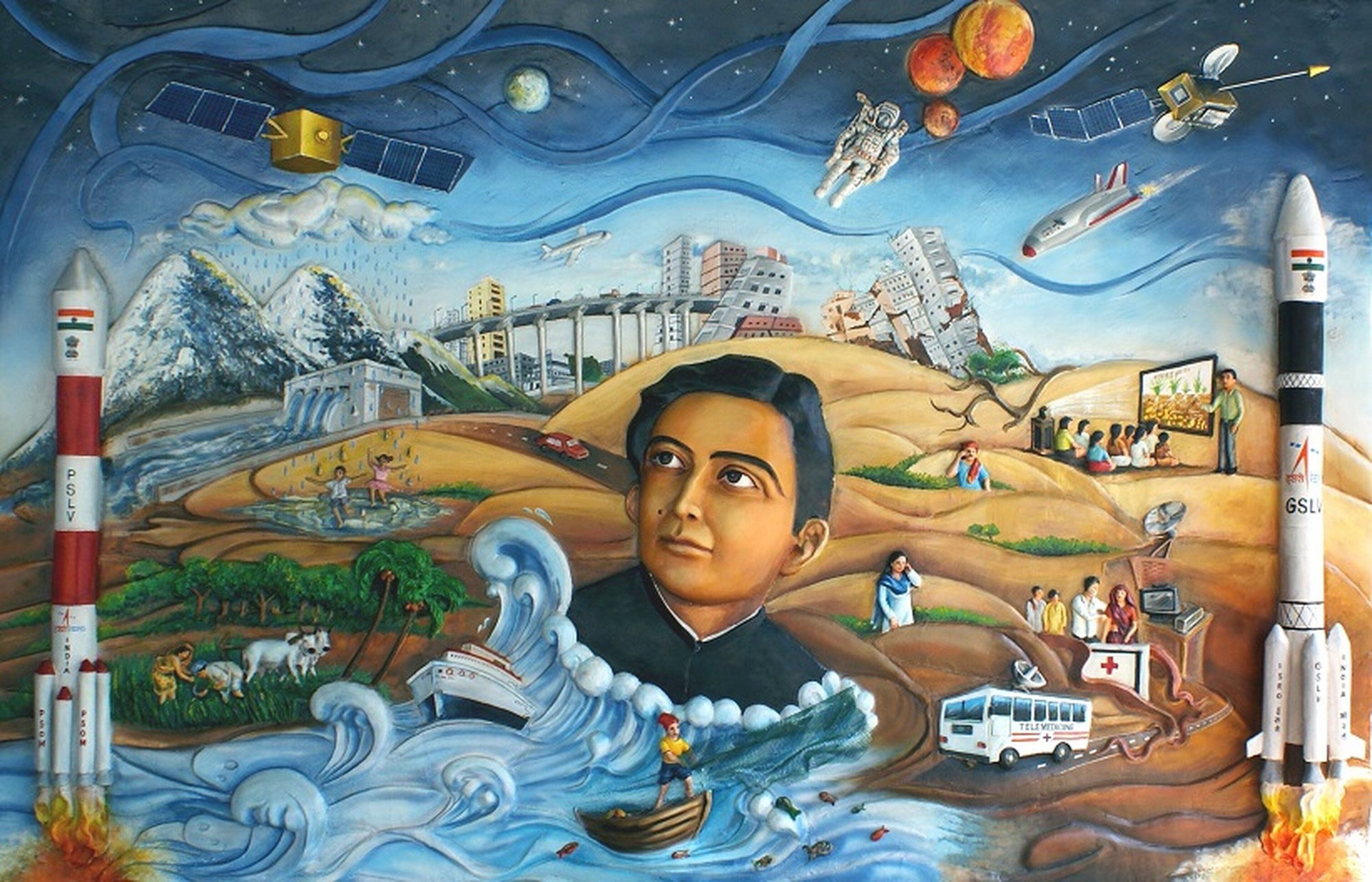 A mural with a rocket, astronaut, space station, and various Earth scenes.