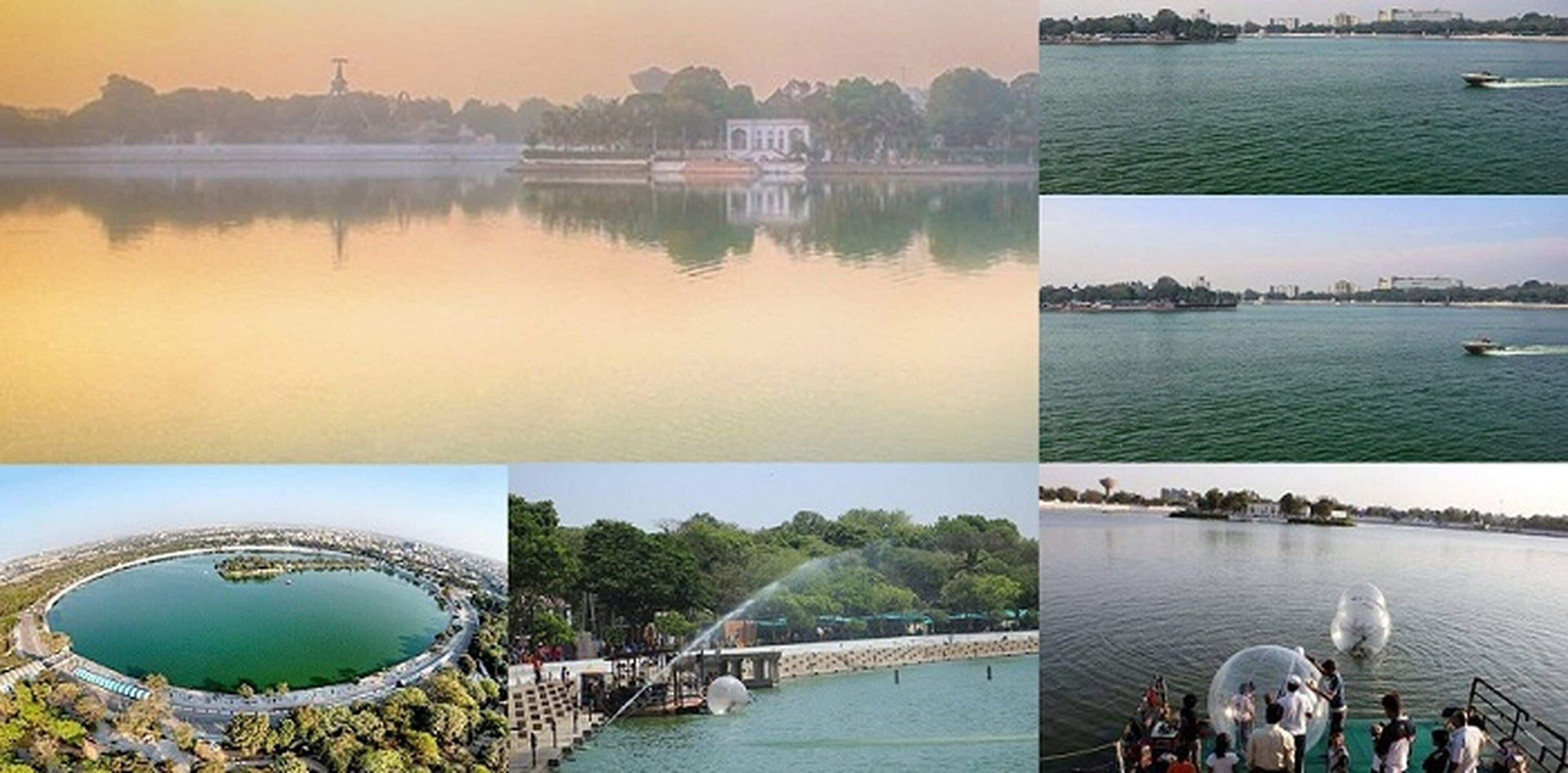 Un lago tranquillo con il riflesso di un edificio, una vasca d'acqua circolare con una strada circostante, una fontana con getti d'acqua e persone su una barca.