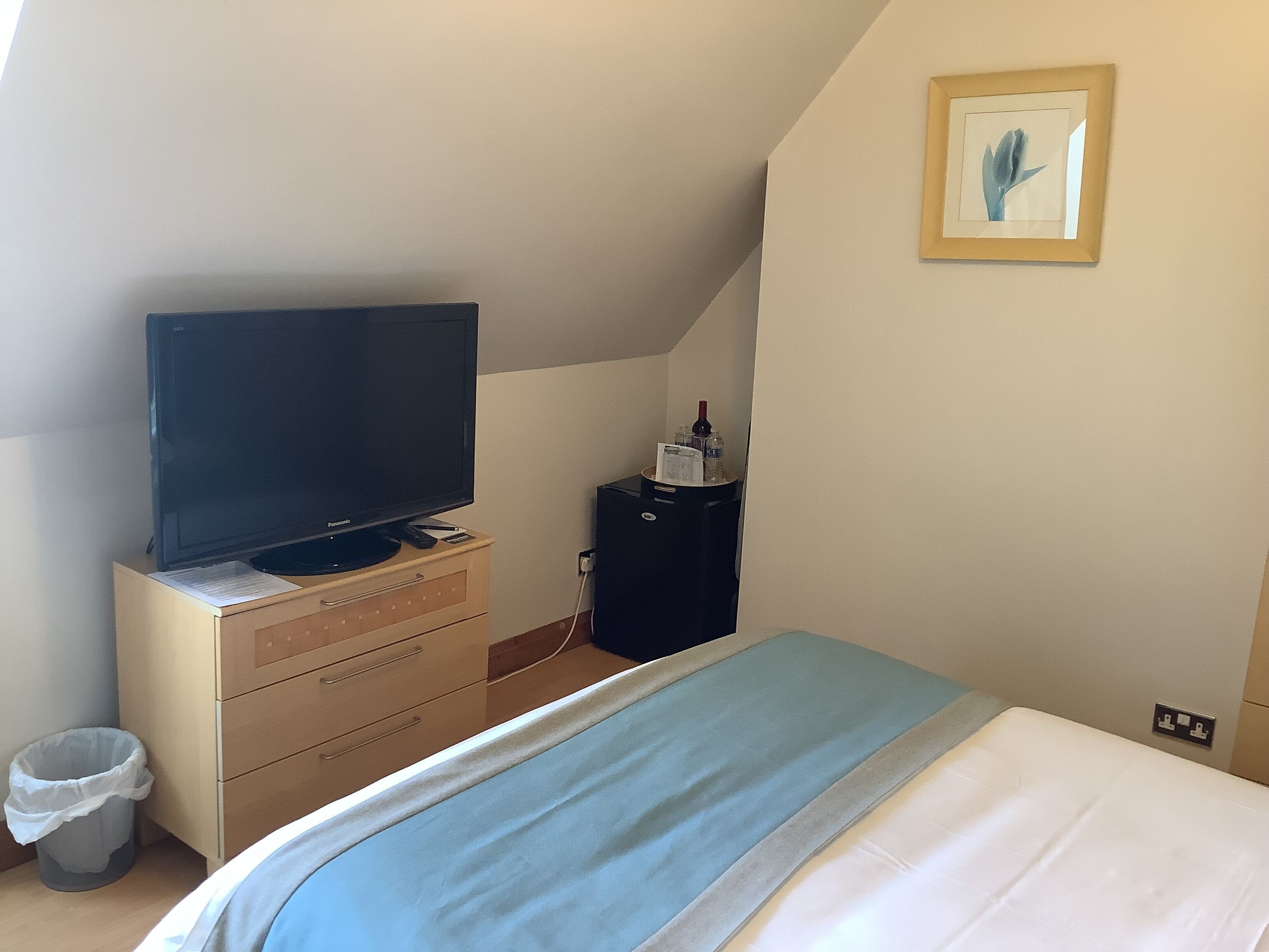 Une chambre à coucher avec un lit, un téléviseur posé sur une commode, une poubelle et un tableau encadré accroché au mur.