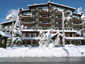 Experience the charm of the Alps in this traditional hotel, featuring balconies and a cozy facade surrounded by snow-covered trees.