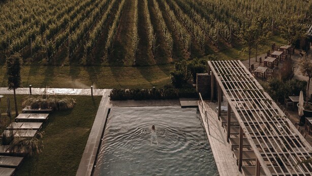 A pool area with a view of a vineyard and a building with a tower. - Hotel Schwarzschmied (Lana)
