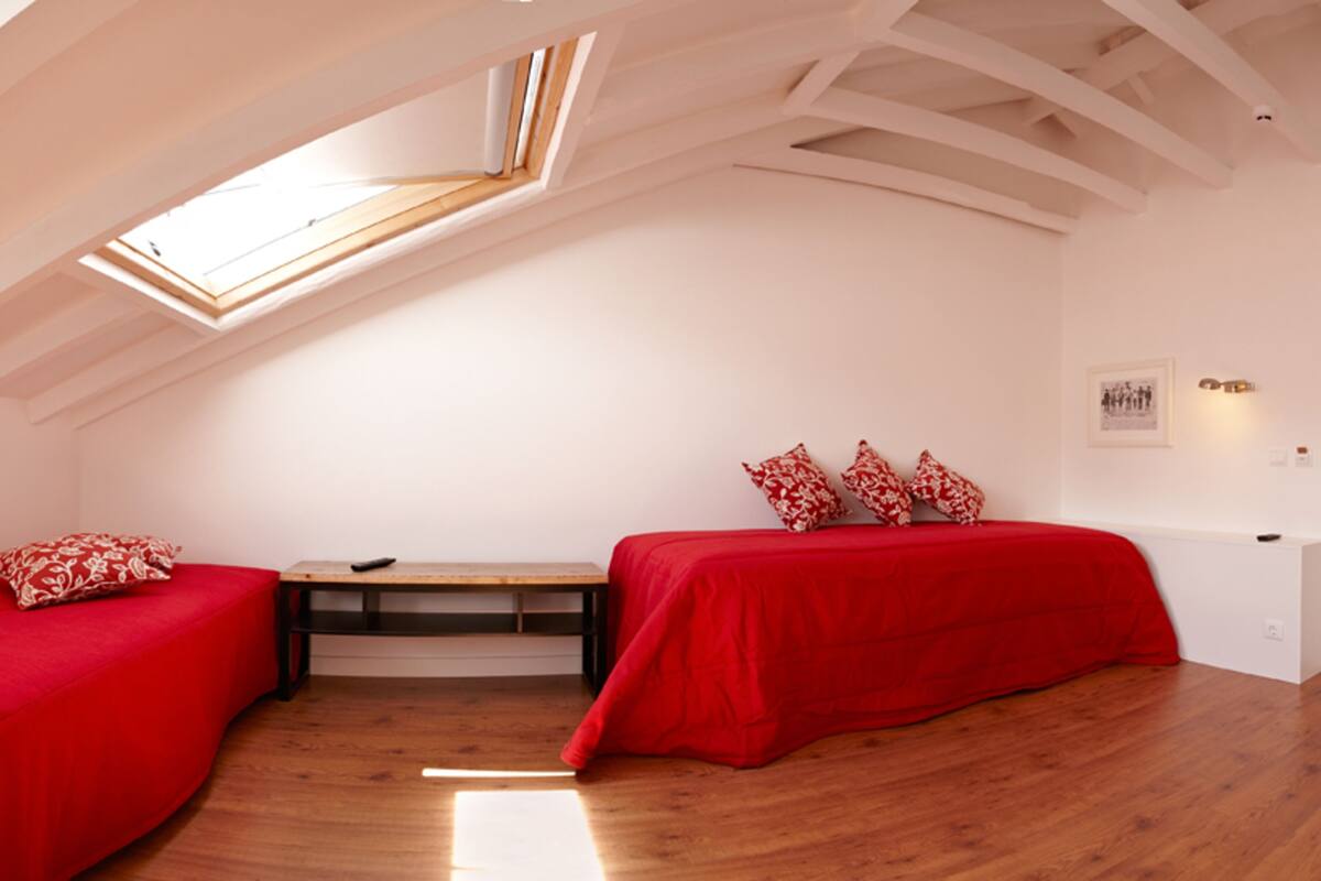 A bedroom with two beds, a skylight, wooden flooring, and a white door.