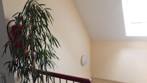 Un escalier avec une rampe en bois et un pot de fleurs placé sur le côté gauche.