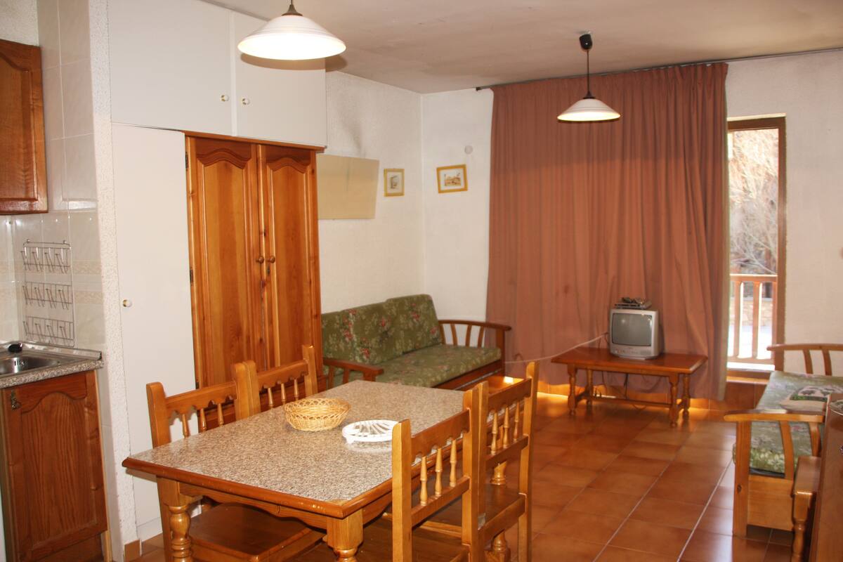 A dining area with a wooden table and chairs, a green sofa, and a television on a small table.