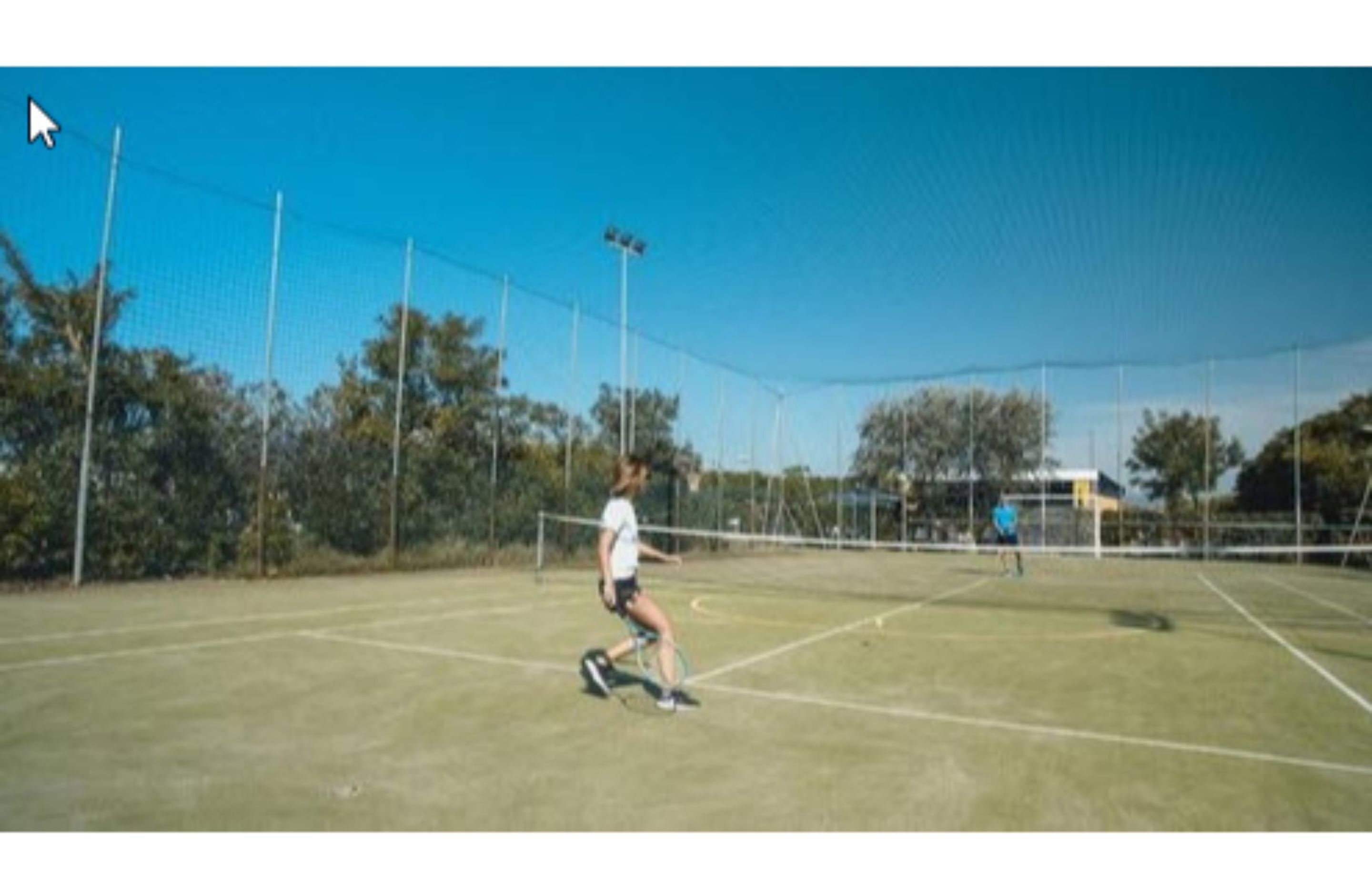 Ein Tennisplatz mit Netz, umgeben von einer Hecke und Bäumen.
