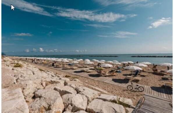 Private beach, sun loungers, beach umbrellas, windsurfing
