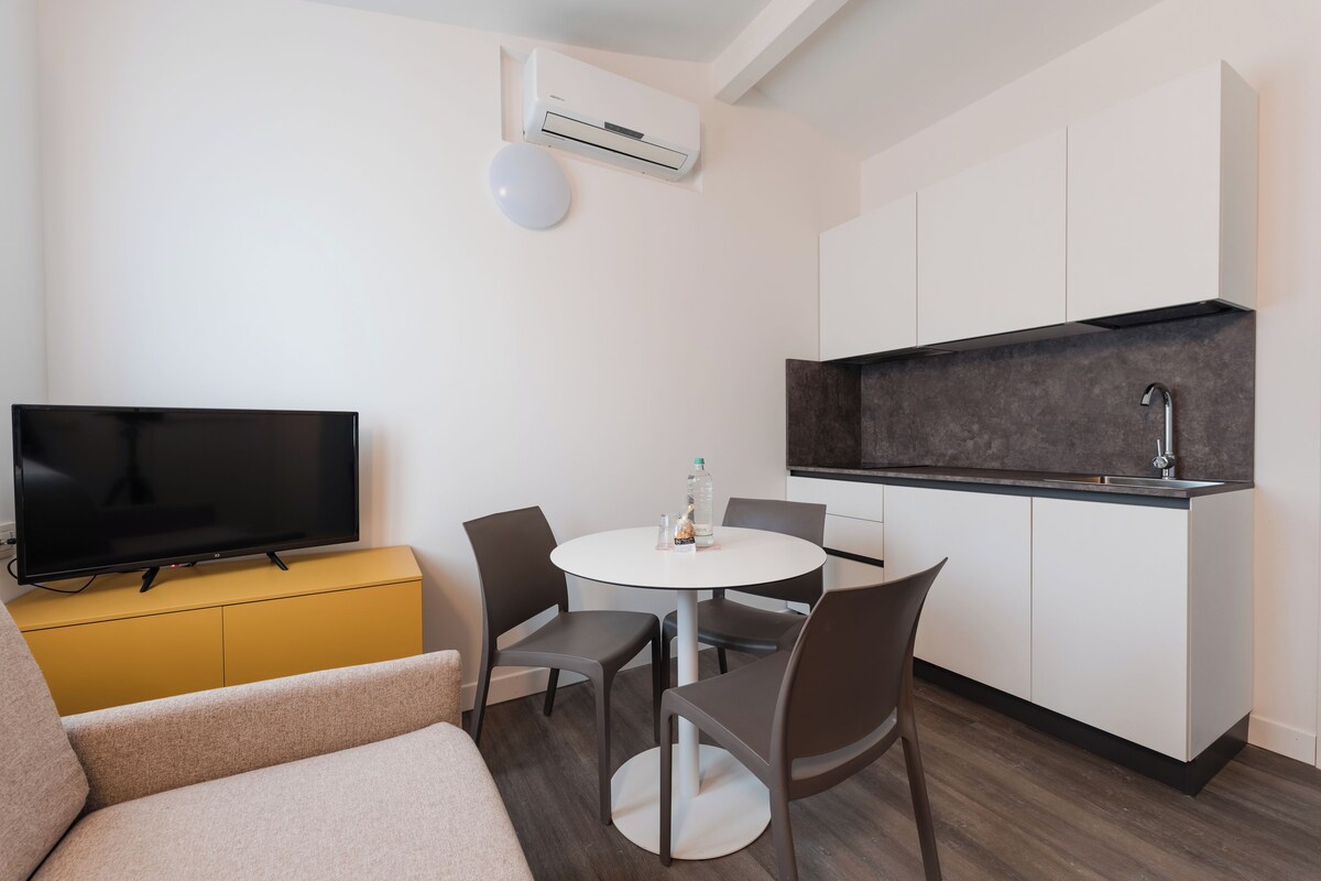 A compact living space with a sofa, a dining table with chairs, a TV on a yellow cabinet, a kitchen area with a sink and countertop, and an air conditioning unit.