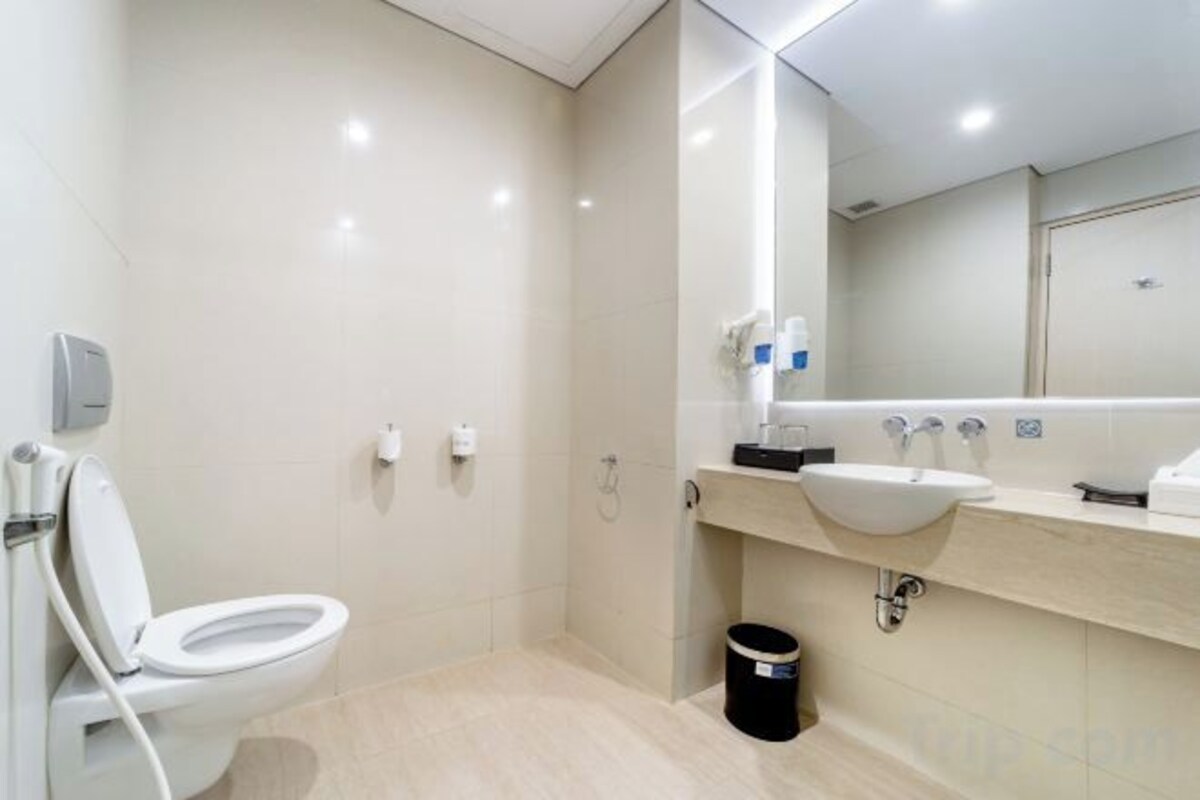 Badkamer | Gratis toiletartikelen, een haardroger, pantoffels, handdoeken