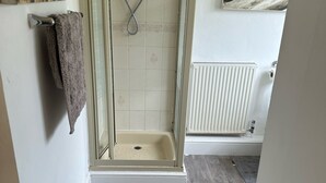 Ducha con puerta de vidrio, un perchero y un radiador.