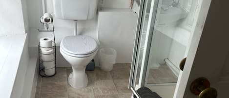 A small, clean bathroom with a toilet, sink, and shower.
