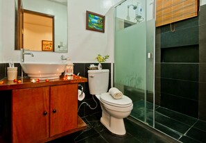 Une salle de bain moderne avec un grand lavabo blanc, des toilettes et une douche à parois de verre.