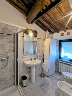 Comfort tweepersoonskamer, niet-roken | Badkamer | Een douche, een haardroger, een bidet, handdoeken