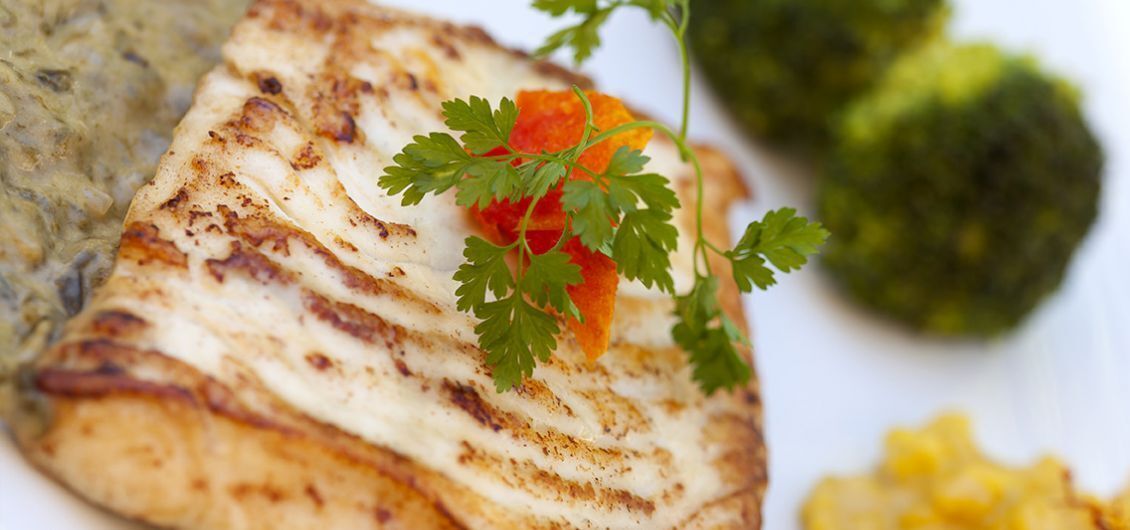 A grilled chicken breast with a garnish of parsley and a side of broccoli.