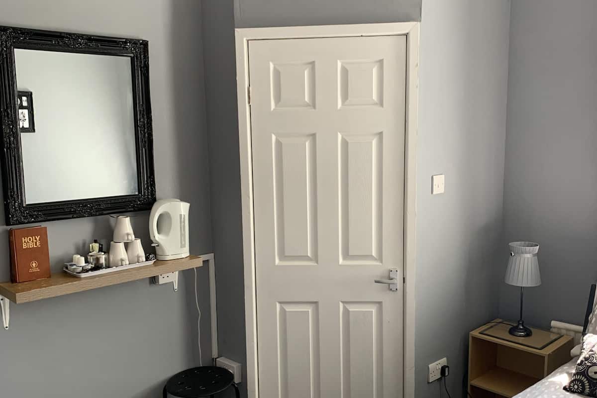 A bedroom with a bed, a nightstand, a lamp, a chair, a shelf with a mirror, and a door.