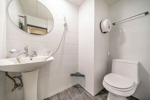 A modern bathroom with a sink, toilet, and a handheld shower.