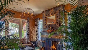 A cozy living room with a fireplace, comfortable seating, and decorative plants. - Hollander Boutique Hotel (St. Petersburg)