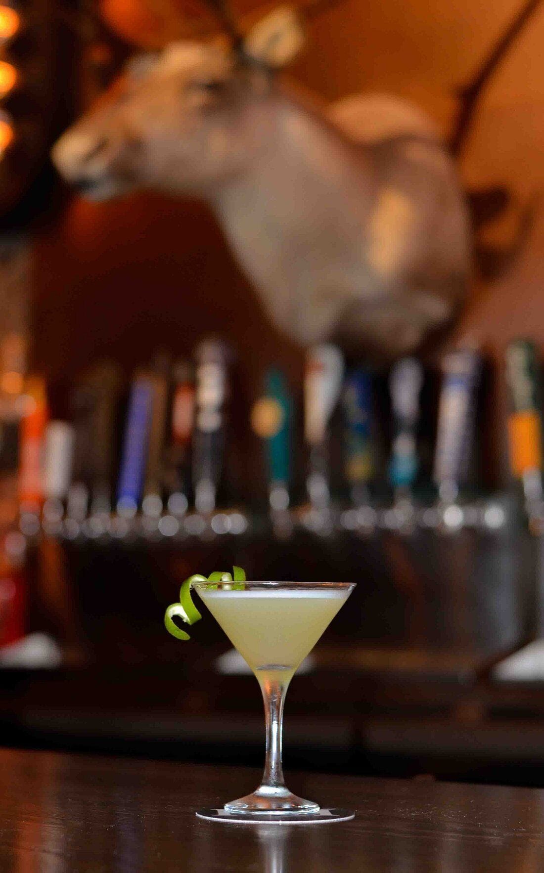 A martini glass with a lime garnish on a bar counter.
