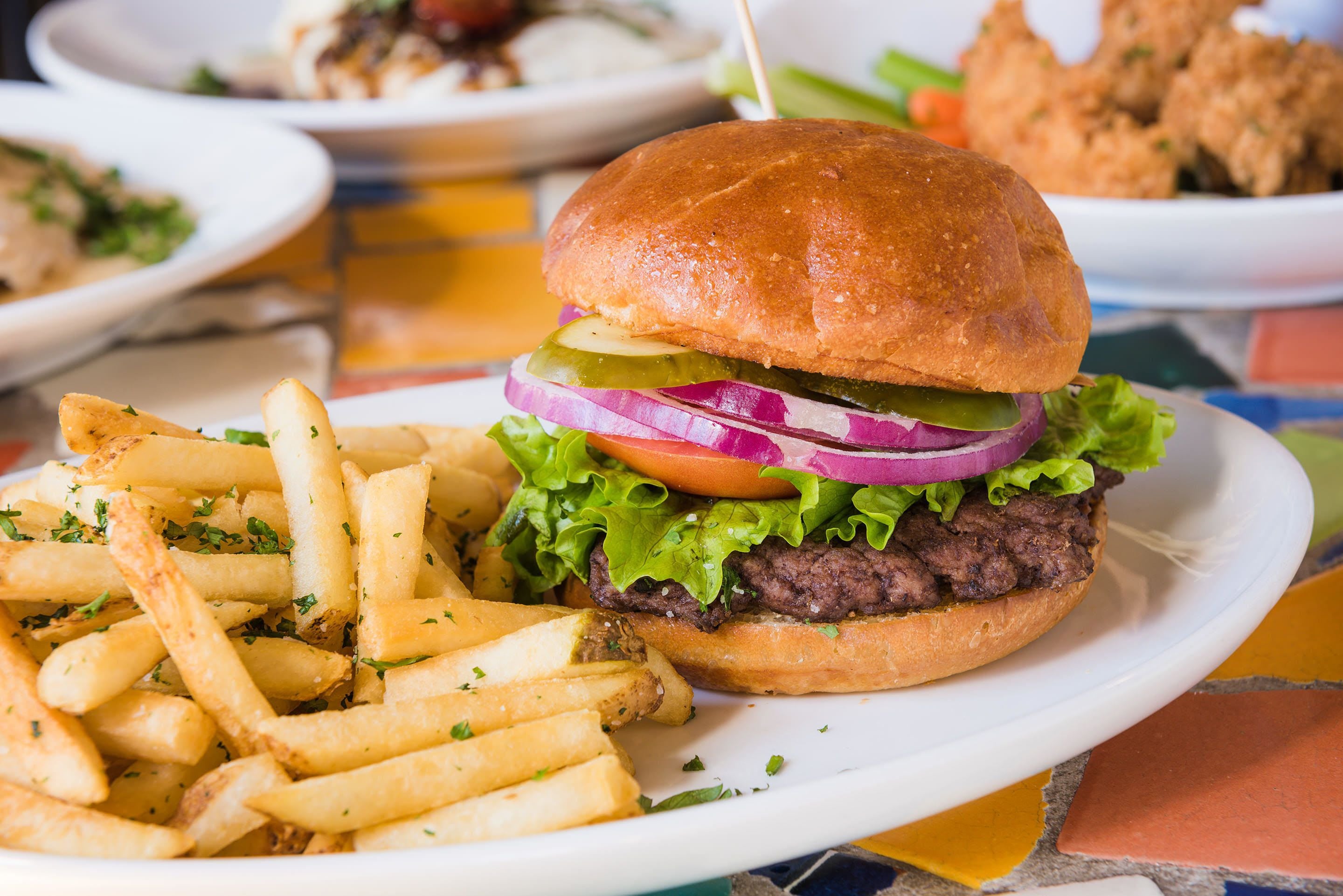 A plate with a hamburger and fries.