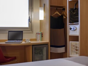 In-room safe, desk, laptop workspace, blackout curtains
