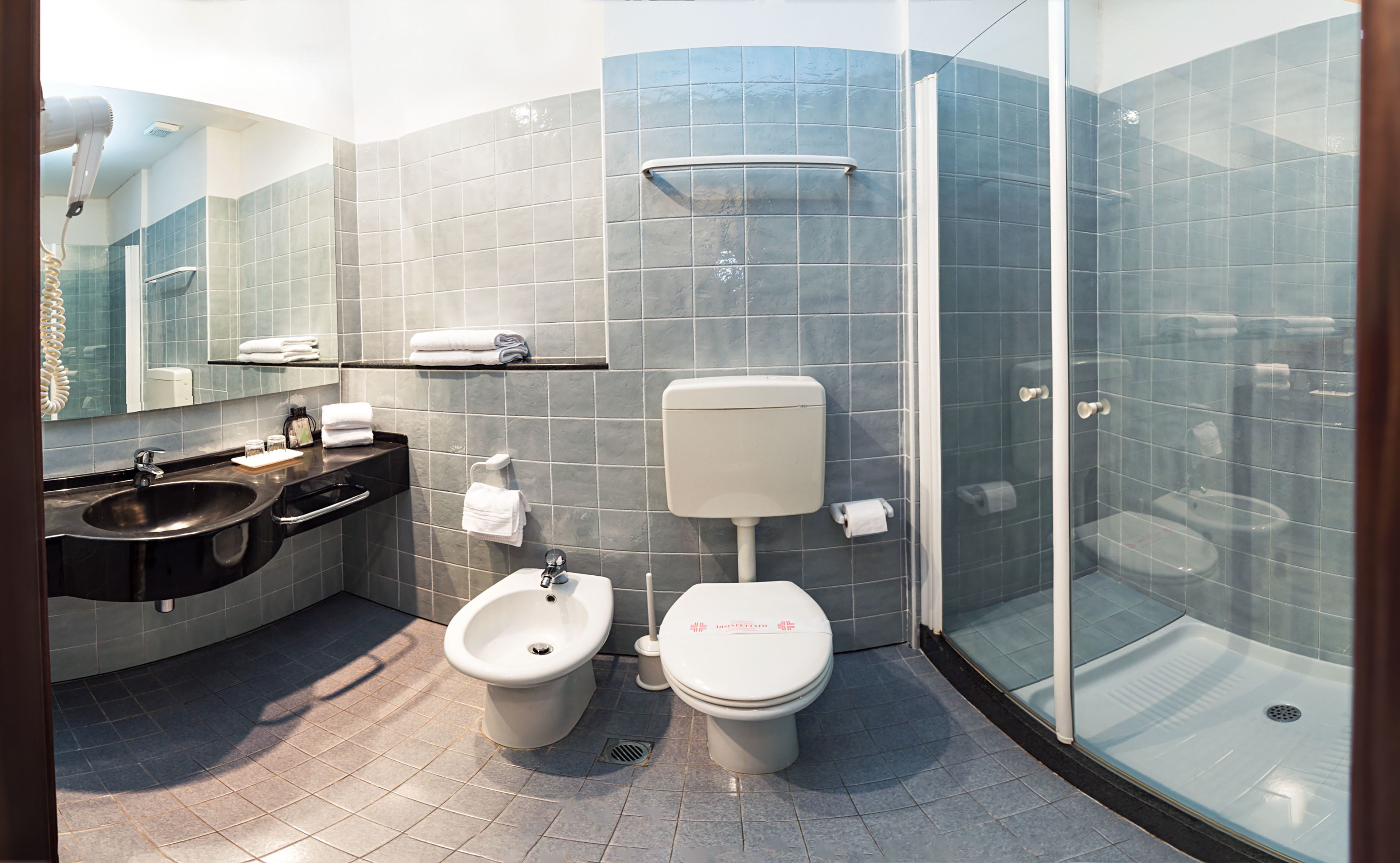 deep-soaking bathtub, rainfall showerhead, hair dryer, bidet