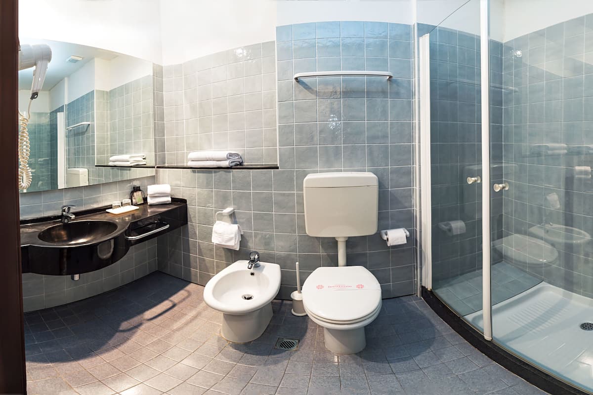 Deep soaking tub, rainfall showerhead, hair dryer, bidet