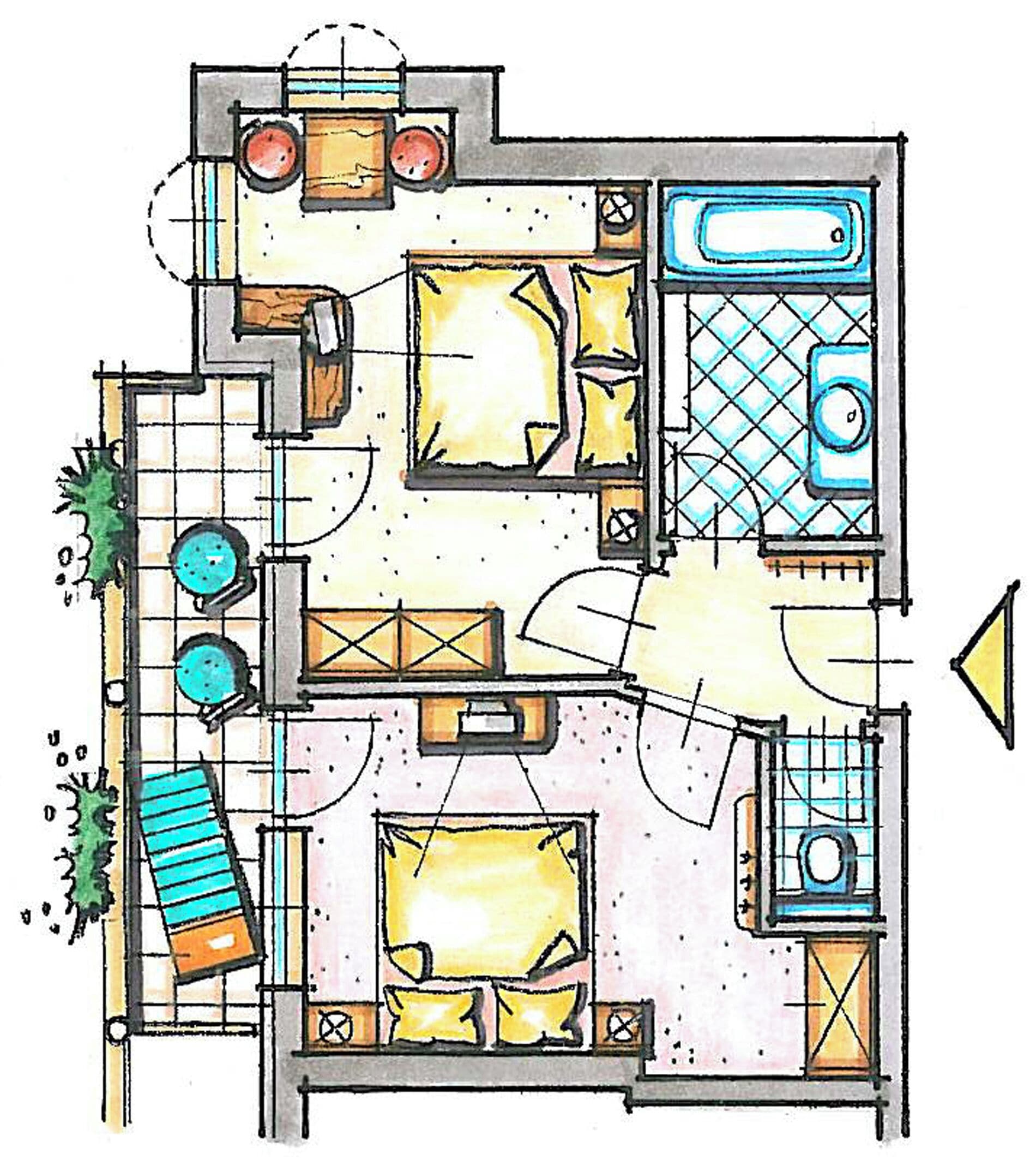 family room, 2 bedrooms, balcony | floor plan