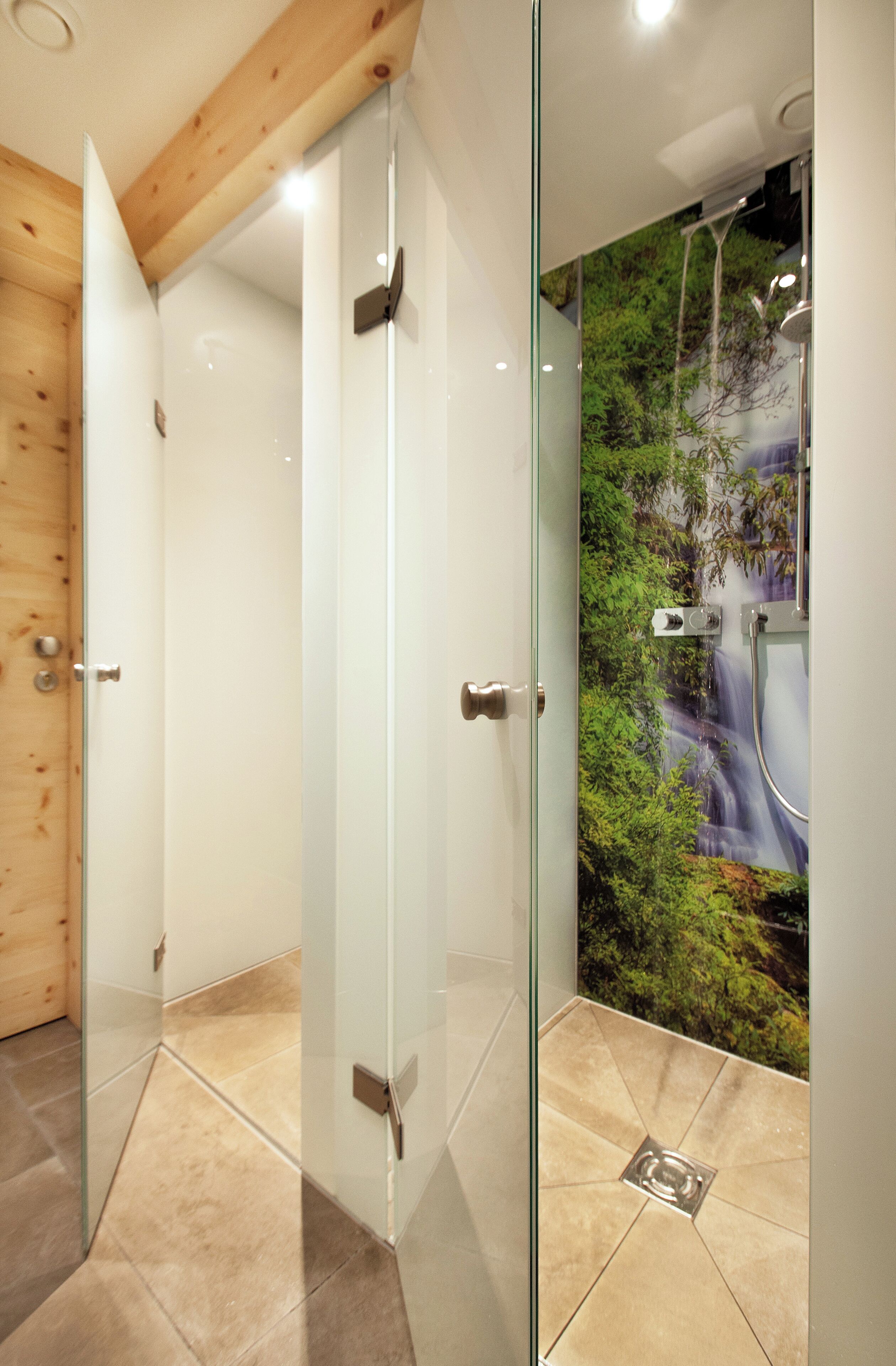 A modern bathroom with a glass shower enclosure, a wooden door, and a wall mural of a waterfall.
